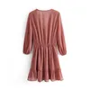 Sweet Women Pink Mini Dress Three Quarter Puff Sleeve V Neck Ruffles Elastic High Wasit Ladies Party ES 210508