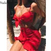 Nadafair Two Pieces Set Women Ruffles Bow Casual Beach Summer DrRed Off Shoulder Sexy Club Bodycon Wrap Mini Party Dress X0529
