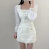 Corée Printemps Mode Tempérament Doux Mousseline De Soie Patchwork Tweed Élégant Col Carré Top + Taille Haute Mini Jupe Costume 210518