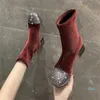 Wholesale-Bootsレディース光沢のあるトゥラインストーン弾性足首厚いヒールハイヒールの靴女性の靴下