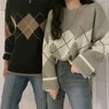 Geometrische Patroon Argyle Pullovers Lente Herfst Losse Oversized O-hals Gebreide Sweaters Koreaanse College Stijl Dames Jumper 210812