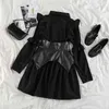 Nomikuma Ruffle Black Women Blouse Dress Single Breasted Long Sleeve Turn-down Collar Dresses Bow Tie Slim Waist Vestidos 6D761 210427