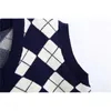 Dames Engeland Stijl Argyle Gebreide Vest Vintage V-hals Mouwloze Losse Trui Meisjes Chic Tops 210520