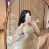 Fransk blommig Dres Sexig Puff Sleeve Lace Chiffon Print Mini Sommar Koreansk stil Vintage Fairy 210623