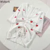 Kobiety Koszulki Sznurek Knitting Tops Cherry Drukuj V-Neck Krótki Rękaw Swelty T Shirt Koreański Lato Blusa 210519