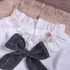 女の子の服は春の秋のボタンの綿の縞模様のトップ+かわいい格子縞のスカートの弓3pcs子供服210515
