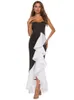 Frauen Party Tube Tops Kleid Maxi Sexy Rüschen Patchwork Schwarz Weiß Kontrast Farbe Elegant Feiern Abendessen Abend Bodycon Roben 210416