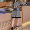 Women Black And White Pink O Neck Knitted Long Sleeve Buttun A Line Elegant Mini Dress Female Plaid D2050 210514