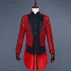 Brilhante Red Lantejoula Glitter Embelezado Tuxedo Blazer Homens Nightclub Dj Party Casamento Tailcoat Ternos Mens Fase Cantor Traje Homme 210522