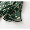 Verão Vintage Green Print Back Gravatas Chiffon V-pescoço curto-luva Slim Long Midi Wrap Chá Vestido Casual 2021 Q0712
