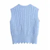 VUWWYV Blue Casual Cable Knitted Vest Female Spring Ribbed Cropped Woman Sweaters Sleeveless Elastic Waistcoat Tops 210430