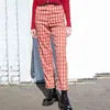 여성 캐주얼 바지 레트로 긴 바지 스트레이트 바지 Streetwear 높은 허리 여성 바지 세련 된 타탄 레드 바지 주머니 210415