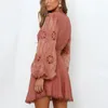 Women Chic Embroidery Patchwork Dress V Neck Pink Color Stylish Bandage es Lantern Long Sleeve Mini Vestidos 210515