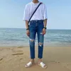 IEFB Summer Holed Jeans Mäns Koreanska Fashion Straight Loose Ankel-Length Pants Fashion Casual Trend Streetwaer Denim Trousers 210524