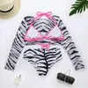 Women's Swimwear Zebra Mesh Pink Swimsuit 3 Piece Bathing Suit Long Sleeve See Through Bikini Set Fashion Swimming For Women High Waist