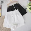 Ly Varey Lin Summer Femmes Casual Boutons Solide Couleur Blanc Noir Large Jambe Shorts Office Lady Taille Haute Double-pont 210526