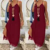 New Lace Patchwork Black Strap Maxi Dress Casual Loose Scollo a V senza maniche Sode Split Summer Beach Abiti da donna Abito lungo Robe 210331