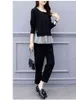 Black Two Piece Set Women Striped Splicing Long Sleeve Tops And Harem Pants Sets Casual Office Korean Ladies Suits Sale 211105