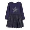 AOSTA BETTY Herbst Langarm Kleid Nette Mädchen Net-garn Pailletten Herz Rundhals Baumwolle Kinder Casual Tiefblauen Kleider 2-7y G1215