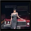 Casual Ruibbit Punk Gothic Women Summer Black Plaid Sexig Deep VNeck Dress Party Club Wear Dark Halter High Waist Split Klänningar Elegant Mttqh