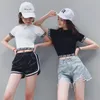 Ny kvinnors modedesign Summer Short Sleeve O-Neck Letter Print Bandage Patchwork Crop Top T-shirt Hög midja Up-navel Tees SML