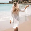 Sommer Frauen Beachwear Sexy Weiß Häkeln Tunika Strand Wrap Kleid Frau Bademode Badeanzug Cover-ups Bikini Cover Up # Q719 210420