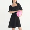 [EAM] Women Black Bow Tie Knee-Length Dress Square Neck Short Sleeve Loose Fit Fashion Spring Summer 1DD599901 210512