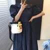 Korejpaa mulheres vestido verão coréia chique gentil idade-reduzindo colarinho de boneca contraste cor polka dot plissado manga sopro vestido 210526