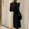 Autumn Winter Women Fashion Stitching Stripe Pleated Sweater Dress Elegant Long Sleeve OL Midi Knitted Runway Vestidos Robe 210514