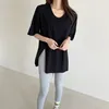 Plus Size Basic Korean Women Long T Koszula Topy Lato Krótki Rękaw V-Neck Rozdziela Tees Swetry Casual Fashion Loose T-shirt 210513