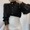 Hollow Out Flower Lace Patchwork Shirt Femme Blusas All-match Women Blouse Top Chic Button White Petal Sleeve Stand Collar 631F 210420