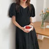 Korejpaa Kvinnor Klänning Sommar Koreansk Fashion Chic Gentle Vintage Solid Färg V-Neck Jacquary Waist-Tie Bubble Sleeve Vestido 210526