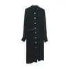Moda Gömlek Elbise Altın Düğme Süslenmiş Katı Siyah Mavi Uzun Kollu Düzensiz Kılıf Femme Vestidoes 210608