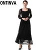 Długi Rękaw Lantern Koronki Sukienka Eleganckie Panie Czarne Vintage Dresses na Dance Party Maxi Kobiety Jesień Zima 210527