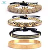 Luxury 4Pcs/Set Men's Gold Crown Bracelet Roman Numerals Engraved Bangle CZ Crown Braided Macrame Bracelet