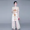 Runway Vintage Crown Print For Women Short Sleeve Stand Collar Sexy Perspective Lace Patchwork Mid-Calf Length Dress 210416