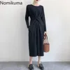 Nomikuma Slim Waist Dress Women Vintage O Neck Långärmad Mid Calf Stickad Vestido Femme Solid Färg Split Casual Klänningar 3626 210514