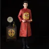 Wedding Party Cheongsam men's tang suit embroidered dragon Stand Collar Qipao long Sleeve Marry Banquet Chinese Gown red Ethnic Clothing