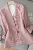 Costume en lin femme mince 2020 été nouveau rayé à manches longues un bouton mince coton veste décontractée X0721