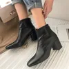 Couro Genuine High High Heel Botas Curtas Mulheres Sapatos Zipper Quadrado Toe Grosso Saltos Senhoras Azido Outono Inverno Bege 210517