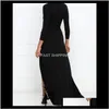 Casual Dresses Apparel Split Sexig Deep V-Neck Long Women Party Black Dress Ladies Solid Color Clothing Maxi Drop Deli Hcbqy