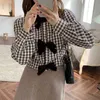 Spring Retro Gentle Bow Blouses Plaid Tops Streetwear Office Lady Casual Chic All Match Stylish Shirts 210525