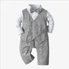 Great Quality Baby Boys Gentleman Style Pajacyki Wiosna Jesień Toddler Boy Długie Rękaw Kombinezony z Bowtie Niemowlę Bawełniane Onesies 0-24 miesięcy