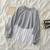 Kimutomo Chic Casual Bluza Damskie Wiosna Koreański Styl Fałszywy Dwa kawałek O-Neck Z Długim Rękawem Solid Pullover Outwear Moda 210521