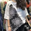 Summer Arts Style Dames Korte Mouw Asymmetrie Losse T-shirt Patchwork Cotton Linnen Print Tee Shirt Femme Tops M173 210512