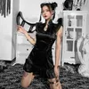 Helisopus New Chinese Style Cheongsam Mini Dress Retro Sexy Hollow Out Aesthetic Bodycon Black Slim Sleeveless Party Dresses Y220214