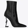 New OPYUM Booties In Alligator-Embossed Patent Leather With Black Heel Snake Heels Boots Pointed Toe Letters High Heels Pumps Ladies Boots