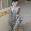 Vintage Floral Dress Kvinnor Sommar Kläder Puff Sleeve Split Chiffon Kvinna Robe Femme Loose Korean Print ES 14555 210512
