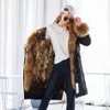 Plus Storlek Vinter Natural Raccoon Parkas Black Raccoon Fur Foder x Long Jacket Coat XXL