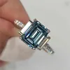 RANDH 3,5 10 × 8mm blå färg Emerald Cut Två Baguette Anniversary Moissanite 100% 14K Solid White Gold Ring för kvinnor